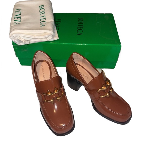 Bottega Veneta Loafer Heel Chunky Tan Leather Preppy Size 36 US 6 New - Picture 1 of 11